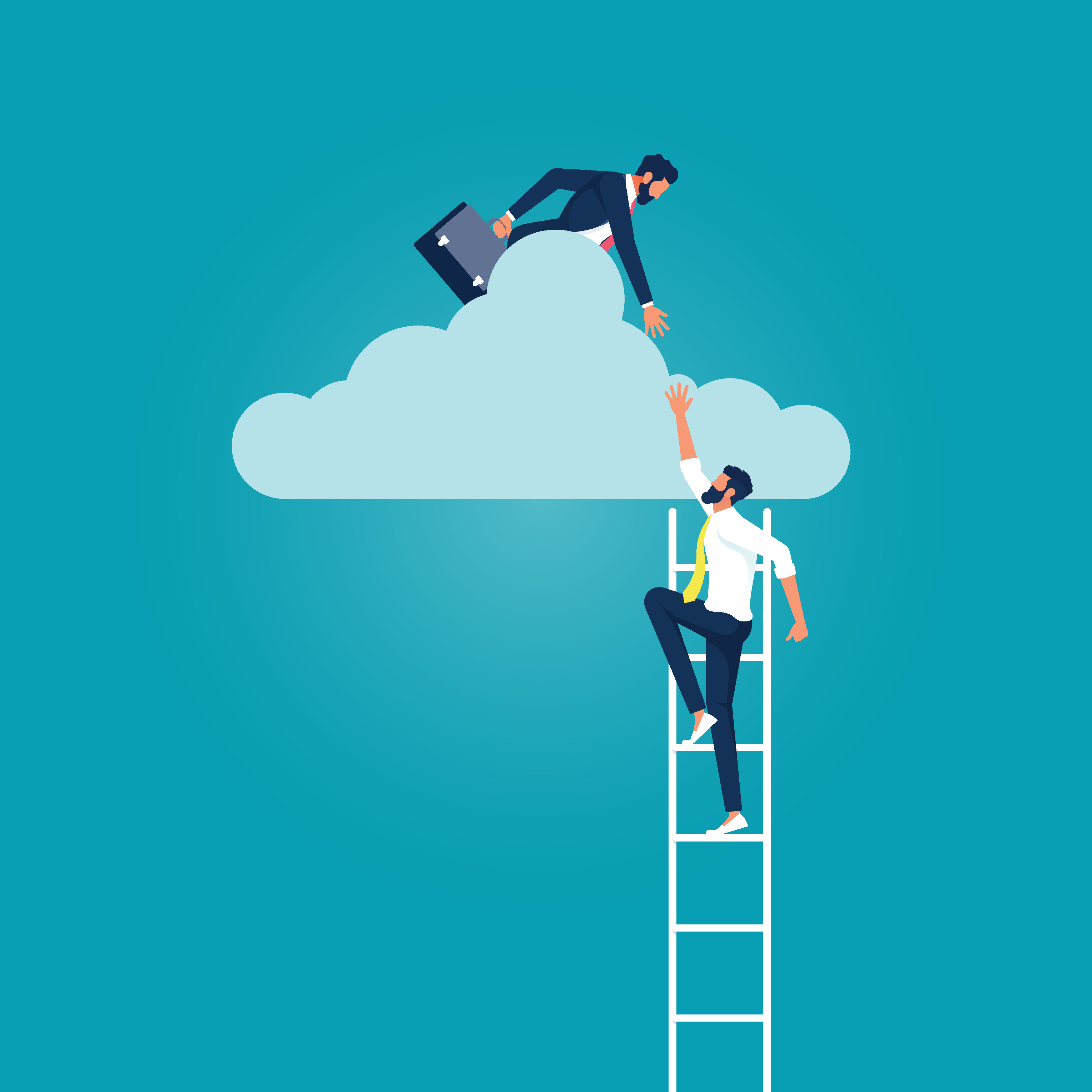 Someone climbing up a ladder to a cloud, being helped by someone else